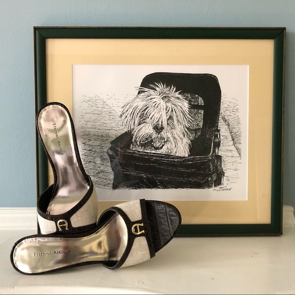 Etienne Aigner Shoes - Etienne Aigner Leather & Linen Slides w/ Gold Trim